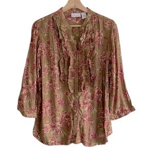 Soft Surroundings Blouse Button Down Floral Ruffles Red Green Medium